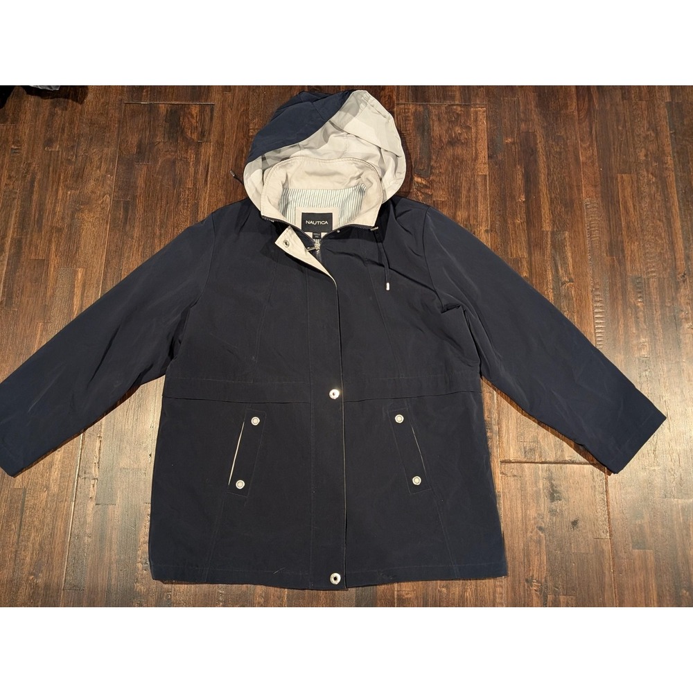 Nautica Jacket Mens 2XL Navy‎ Hooded Full Zip Lined Rain Windbreaker Pockets